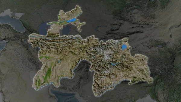 塔吉克斯坦的面积扩大了 并在周围黑暗的背景下闪烁着光芒 卫星图像 — 图库照片