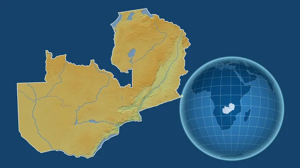 ザンビア 青い背景に孤立した輪郭を持つ拡大地図に対して 国の形をした球体 色物理図 — ストック写真