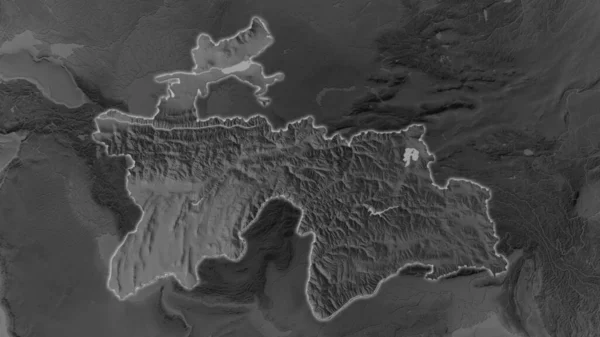 Территория Таджикистана Расширилась Засияла Темном Фоне Окрестностей Серая Широкоугольная Карта — стоковое фото