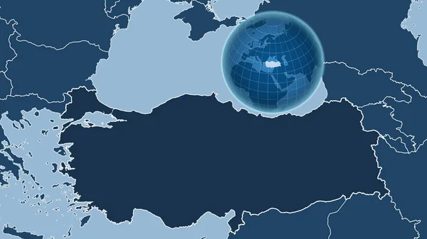 土耳其 与缩放地图及其轮廓相对照的国家形状的球体 只形状 海洋面具 — 图库照片