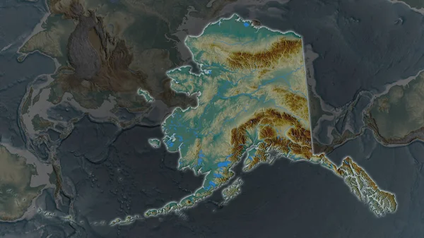 Oblast Aljašky Zvětšovala Zářila Tmavém Pozadí Svého Okolí Mapa Reliéfu — Stock fotografie