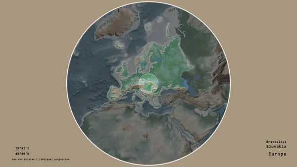 斯洛伐克的区域 在该大陆的大比例尺地图上有一个圆圈 在绝望的背景下孤立起来 大写的地理推论和名称 彩色物理图 — 图库照片