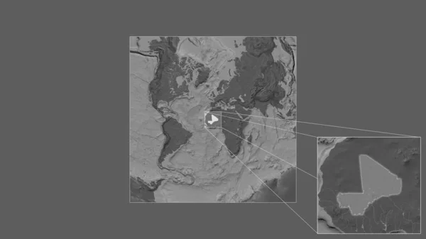 从世界大比例尺地图中提取出的马里扩大和扩大的地区 其主要线连接了框架的各个角落 Bilevel高地图 — 图库照片