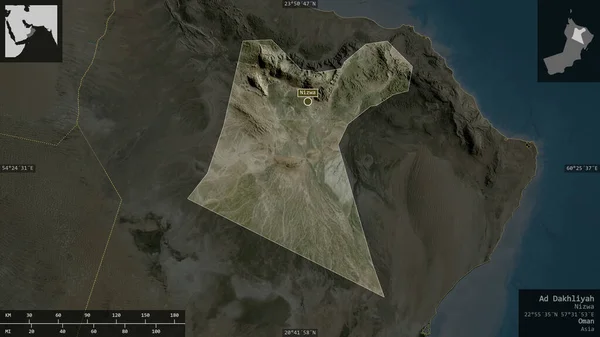 Dakhliyah Region Omán Satelitní Snímky Tvar Prezentovaný Venkově Informativními Překryvy — Stock fotografie