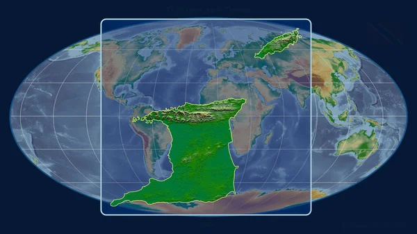 Zoomed Widok Trynidadu Tobago Zarys Linii Perspektywy Wobec Globalnej Mapy — Zdjęcie stockowe