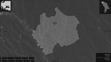 Edinet, Moldova bölgesi. Gölleri ve nehirleri olan gri tonlu bir harita. Ülke alanına karşı bilgilendirici örtülerle sunulan şekil. 3B görüntüleme