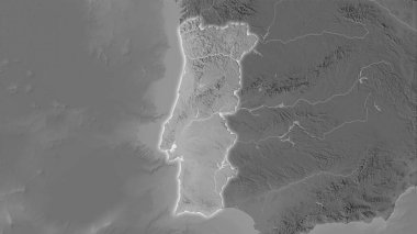 Stereografik projeksiyondaki gri ölçekli yükseklik haritasında Portekiz bölgesi - ışık saçan ana hatlı raster tabakalarının ham bileşimi