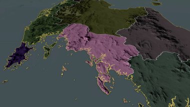 Yengeç - Tayland vilayeti yakınlaştırıldı ve vurgulandı. İdari bölümün renkli ve çarpık haritası. 3B görüntüleme