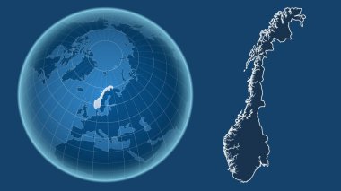 Norveç. Yakınlaştırılmış haritaya karşı ülkenin şekline sahip dünya mavi arka planda izole edilmiş. Sadece şekiller - kara / okyanus maskesi