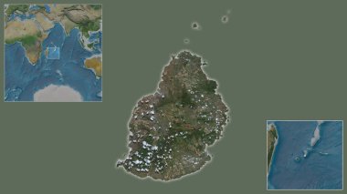 Mauritius 'a ve bölgedeki konumuna ve geniş çaplı bir dünya haritasının merkezine yakın çekim. Uydu görüntüleri