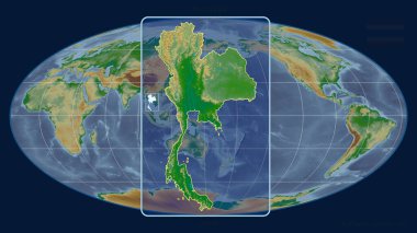 Mollweide projeksiyonundaki küresel bir haritaya karşı perspektif çizgileriyle Tayland 'a yakınlaştırılmış görünüm. Şekil merkezli. renk fiziksel haritası