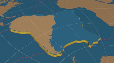 Güney Amerika tektonik plakası sadece küresel şekilleri genişletti ve dışa vurdu - Azimuthal Equidistance projeksiyonunda karada / okyanus maskesi ve kenarları kesik. 3B görüntüleme
