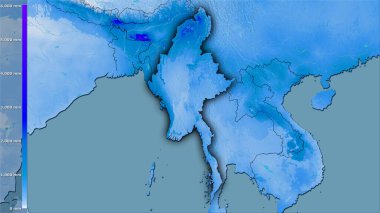 Efsanevi stereografik projeksiyondaki Myanmar bölgesinin en sıcak çeyreğinin yağışı - koyu parlak çizgili raster tabakalarının ham bileşimi
