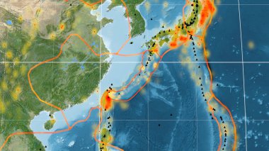 Okinawa tektonik plakası Kavrayskiy projeksiyonundaki küresel uydu görüntülerini özetliyor. 3B görüntüleme