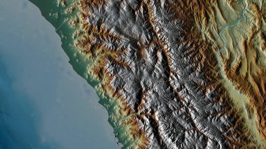 La Libertad, Peru bölgesi. Göller ve nehirlerle renkli rahatlama. Ülke alanına göre şekillendirilmiş. 3B görüntüleme