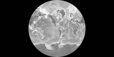 Van Der Grinten projeksiyonundaki dünya haritası 90 Batı boylamı üzerine kuruludur. Gri tonlama yükseklik haritası. Raster 'ın ham bileşimi. 3B illüstrasyon