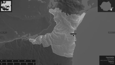 Constanta, Romanya Bölgesi. Gölleri ve nehirleri olan gri tonlu bir harita. Ülke alanına karşı bilgilendirici örtülerle sunulan şekil. 3B görüntüleme
