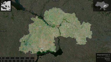 Dnipropetrovs 'k, Ukrayna bölgesi. Uydu görüntüleri. Ülke alanına karşı bilgilendirici örtülerle sunulan şekil. 3B görüntüleme