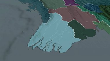 Ayeyarwady - Myanmar bölümü yakınlaştırıldı ve altı çizildi. İdari bölümün renkli ve çarpık haritası. 3B görüntüleme