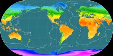 Ortelius Oval projeksiyonunun dünya haritası 90 Batı boylamı üzerine kuruludur. Ortalama yıllık sıcaklık haritası - gratikül ve tektonik levhalar kenarlı raster bileşimi. 3B illüstrasyon