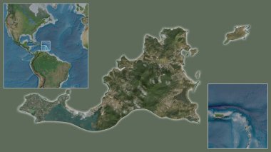 Saint Martin 'e ve bölgedeki konumuna ve geniş çaplı bir dünya haritasının merkezine yakın çekim. Uydu görüntüleri