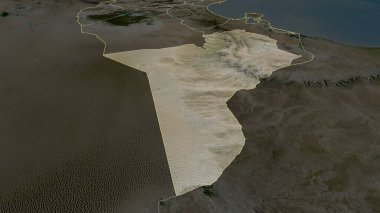 Tataouine - Tunus Valiliği yakınlaştırıldı ve altı çizildi. Uydu görüntüleri. 3B görüntüleme