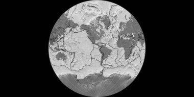 Van Der Grinten projeksiyonundaki dünya haritası 90 Batı boylamı üzerine kuruludur. Çift seviyeli topografik harita - gratikül ve tektonik levhalar kenarlı raster bileşimi. 3B illüstrasyon