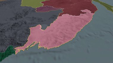 Primorye - Rusya toprakları yakınlaştırıldı ve altı çizildi. İdari bölümün renkli ve çarpık haritası. 3B görüntüleme