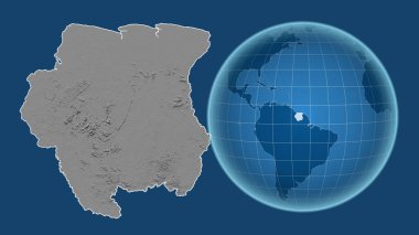 Surinam. Yakınlaştırılmış haritaya karşı ülkenin şekline sahip dünya mavi arka planda izole edilmiş. Gri tonlama yükseklik haritası