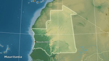 Stereografik projeksiyondaki Moritanya bölgesi topografik yardım haritasında - ana bileşim