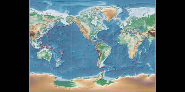 World map in the Miller Cylindrical projection centered on 90 West longitude. Colored shader, elevation map - composite of raster with graticule and tectonic plates borders. 3D illustration clipart
