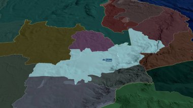 Merkez - Zambiya vilayeti büyütüldü ve sermaye ile vurgulandı. İdari bölümün renkli ve çarpık haritası. 3B görüntüleme