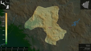 Esteli, Nikaragua Bölümü. Gölleri ve nehirleri olan renkli gölge verileri. Ülke alanına karşı bilgilendirici örtülerle sunulan şekil. 3B görüntüleme