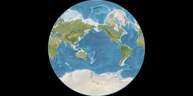 Van Der Grinten projeksiyonundaki dünya haritası 170 Batı boylamı üzerine kuruludur. Uydu görüntüsü B - Raster 'ın nadide ve memnuniyet verici bileşimi. 3B illüstrasyon