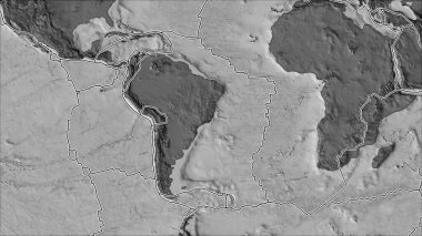 Tektonik plakalar, Güney Amerika plaka alanına komşu bölgelerin bilek yüksekliği haritasında yer almaktadır. Van der Grinten I yansıması (eğik dönüşüm)