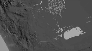 Omusati, Namibya bölgesi. Gölleri ve nehirleri olan gri tonlu bir harita. Ülke alanına göre şekillendirilmiş. 3B görüntüleme