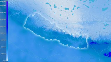 Efsanevi stereografik projeksiyonla Nepal bölgesindeki en nemli ayın yağışı - ışık saçan ana hatlı raster tabakalarının ham bileşimi