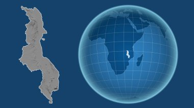 Malawi. Yakınlaştırılmış haritaya karşı ülkenin şekline sahip dünya mavi arka planda izole edilmiş. Gri tonlama yükseklik haritası