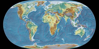 Doğal Dünya projeksiyonundaki dünya haritası 11 Doğu boylamına odaklı. Topografik kabartma haritası - gratikül ve tektonik plakalar kenarlı raster bileşimi. 3B illüstrasyon