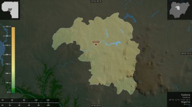 Kaduna, Nijerya Eyaleti. Gölleri ve nehirleri olan renkli gölge verileri. Ülke alanına karşı bilgilendirici örtülerle sunulan şekil. 3B görüntüleme