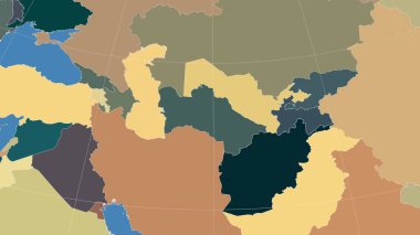 Türkmenistan ve mahallesi. Uzak eğimli perspektif - özet yok. idari bölümlerin renk haritası