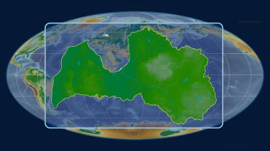 Mollweide projeksiyonundaki küresel bir haritaya karşı Letonya 'nın perspektif çizgileri ile yakınlaştırılmış görünümü. Şekil merkezli. renk fiziksel haritası
