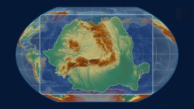 Romanya 'nın Kavrayskiy projeksiyonundaki küresel bir haritaya karşı perspektif çizgileriyle yakınlaştırılmış hali. Şekil merkezli. topografik yardım haritası