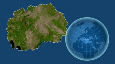 Makedonya. Yakınlaştırılmış haritaya karşı ülkenin şekline sahip dünya mavi arka planda izole edilmiş. uydu resimleri