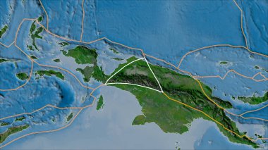 Uydu üzerinde Maoke tektonik plakası ve bitişik plakaların sınırları Van der Grinten I projeksiyonunda bir harita (eğik dönüşüm)
