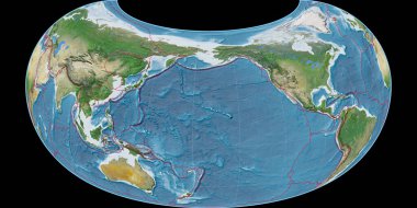 World map in the Raisz-Armadillo projection centered on 170 West longitude. Satellite imagery A - composite of raster with graticule and tectonic plates borders. 3D illustration clipart