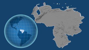 Venezuela 'da. Yakınlaştırılmış haritaya karşı ülkenin şekline sahip dünya mavi arka planda izole edilmiş. Gri tonlama yükseklik haritası