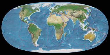 McBryde-Thomas projeksiyonundaki dünya haritası 11 Doğu boylamı üzerine kuruludur. Uydu görüntüsü A, raster 'ın gratikül ve tektonik plakalarla birleşimi. 3B illüstrasyon