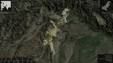 F.A.T.A., Pakistan bölgesi. Uydu görüntüleri. Ülke alanına karşı bilgilendirici örtülerle sunulan şekil. 3B görüntüleme