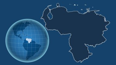 Venezuela 'da. Yakınlaştırılmış haritaya karşı ülkenin şekline sahip dünya mavi arka planda izole edilmiş. Sadece şekiller - kara / okyanus maskesi